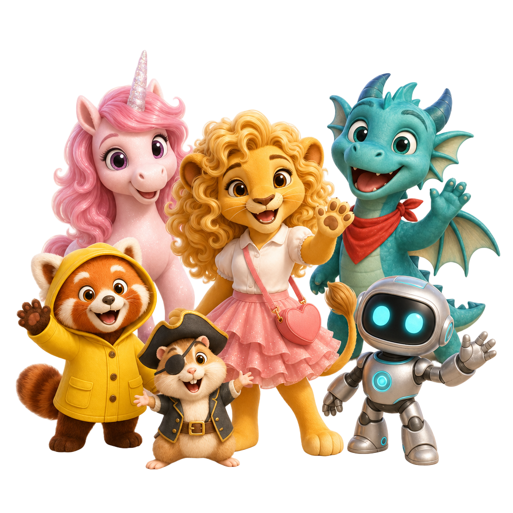 Rosi and her friends — Pip, Vali, Sky, Crumb, Bolt