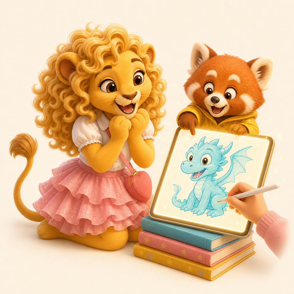 Rosi watching a child sketch a character