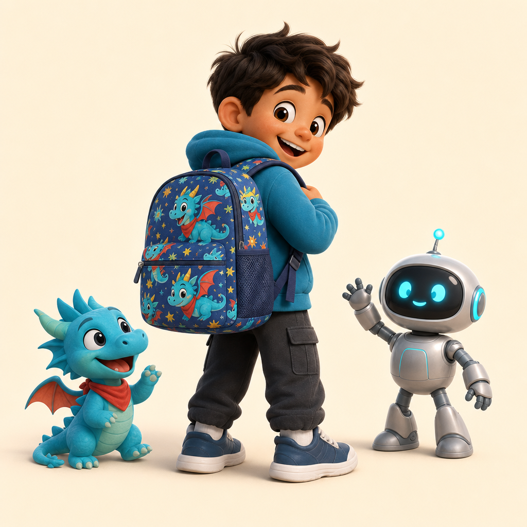 Back-to-school bag with their own dragon, robot, or hero