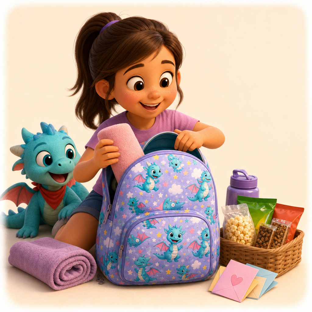 Camp send-off backpack for towels, snacks, and letters