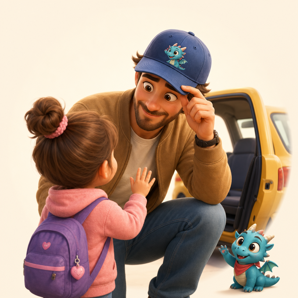 School drop-off hat with a secret kid-made mascot