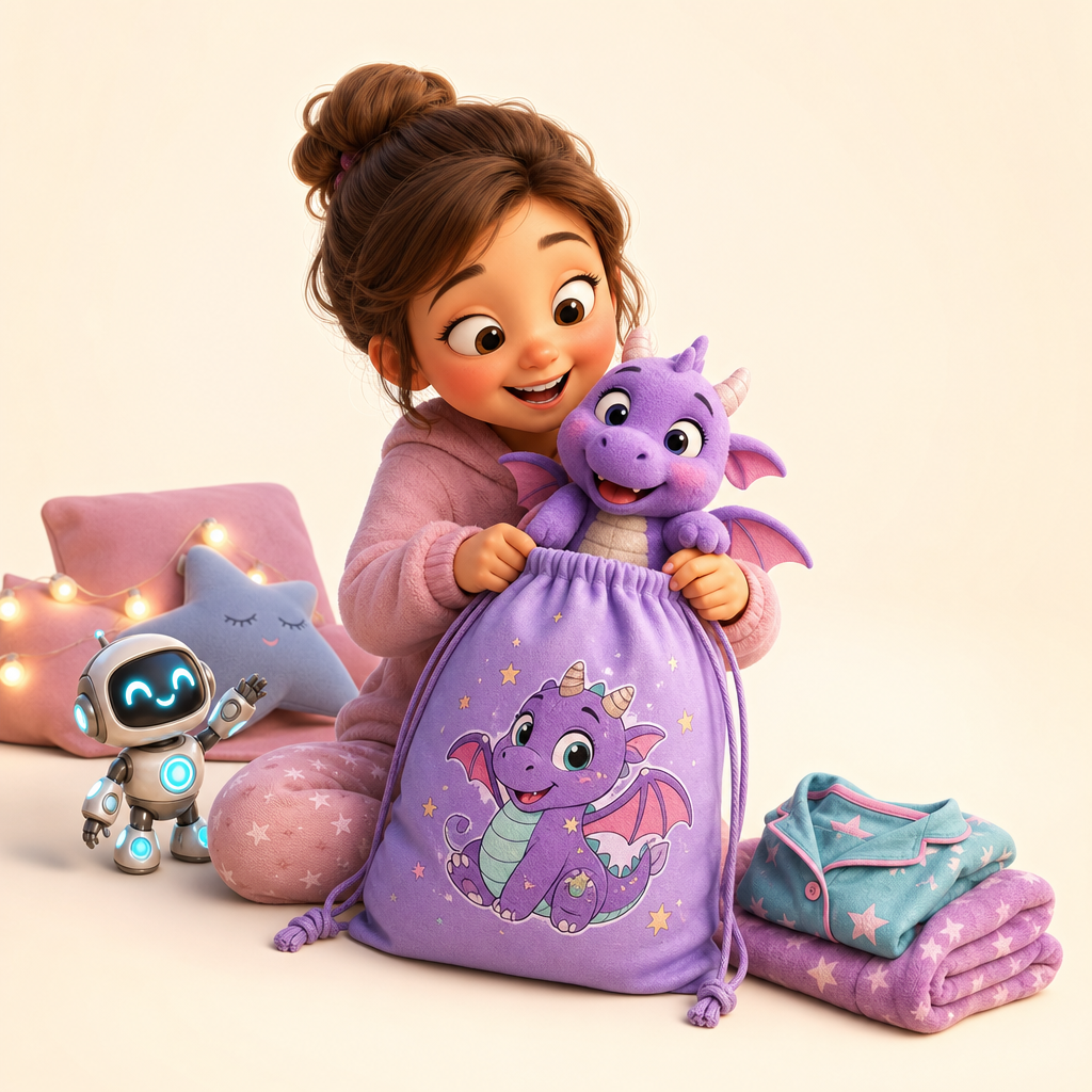 Sleepover bag for pajamas and one beloved plush