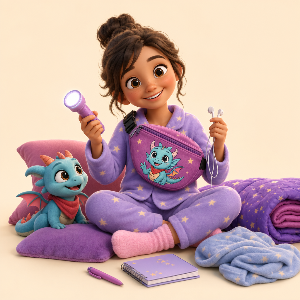 Sleepover bag for a flashlight, earbuds, and notes