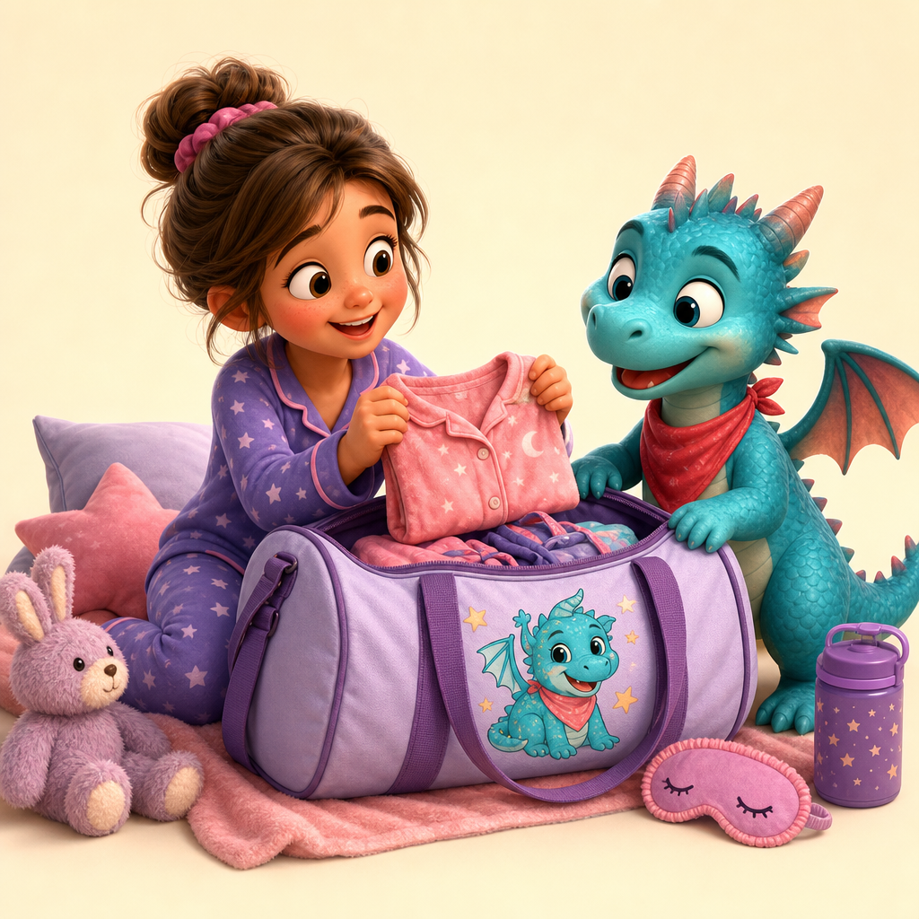 Sleepover bag with their dragon guarding the pajamas