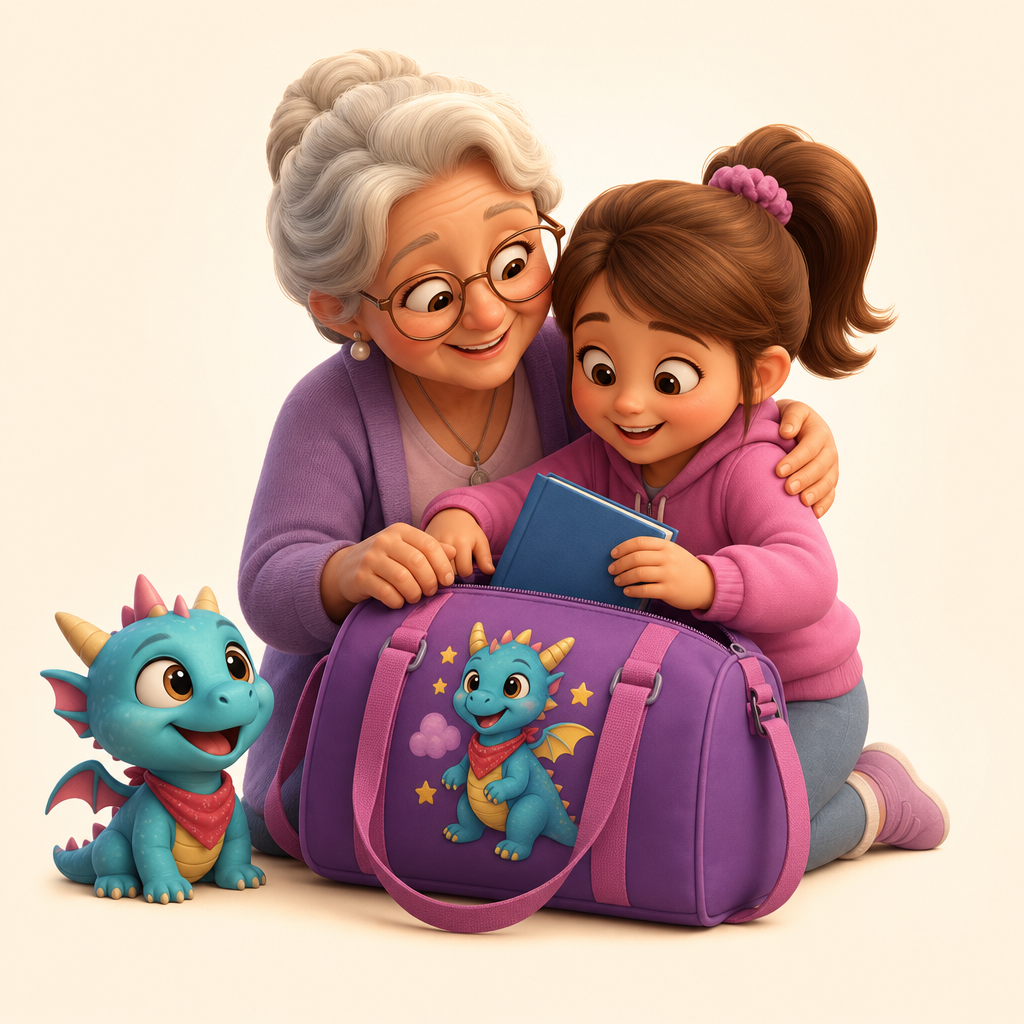 Weekend-at-Grandma’s bag for clothes and a book