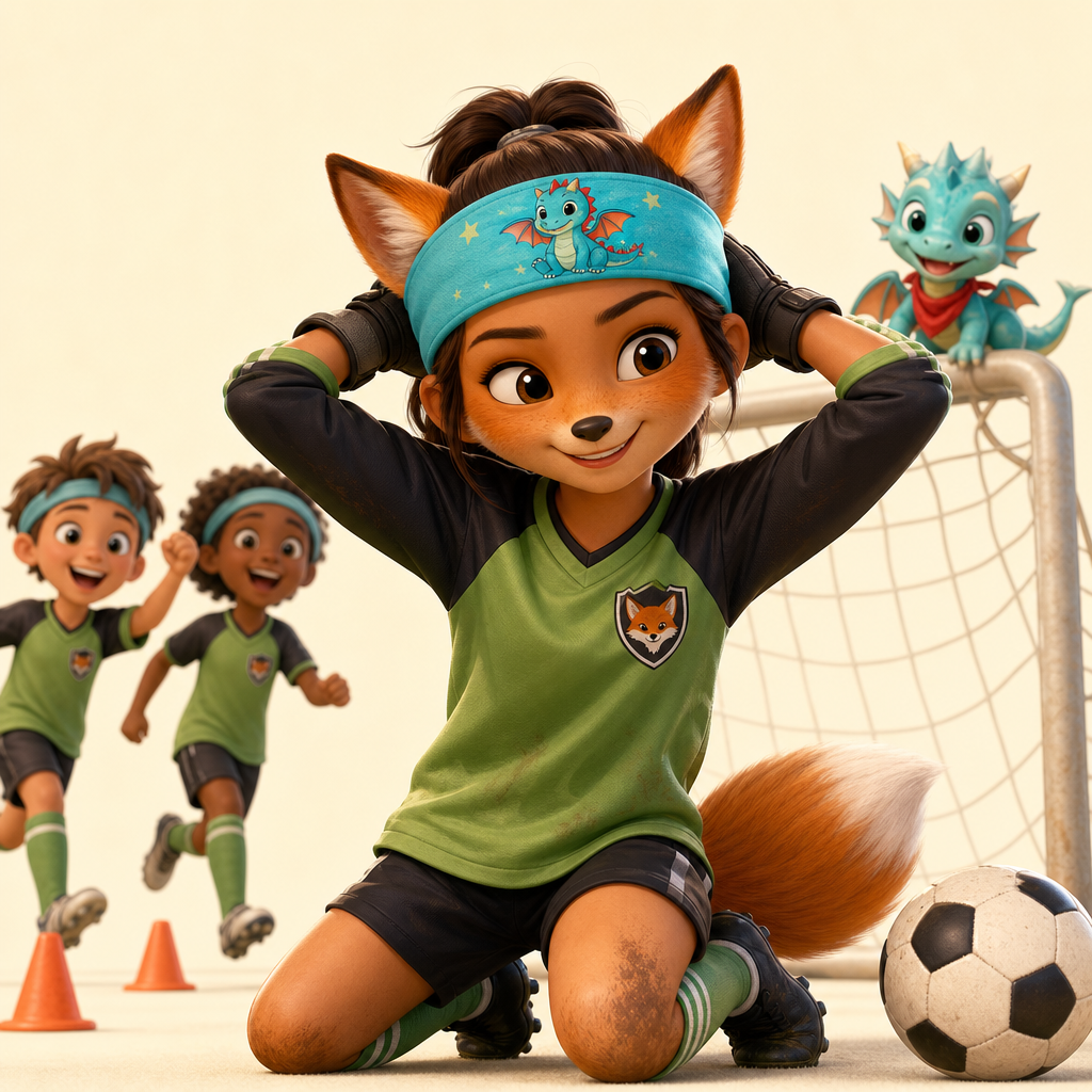 Soccer practice with their fox goalie keeping hair back