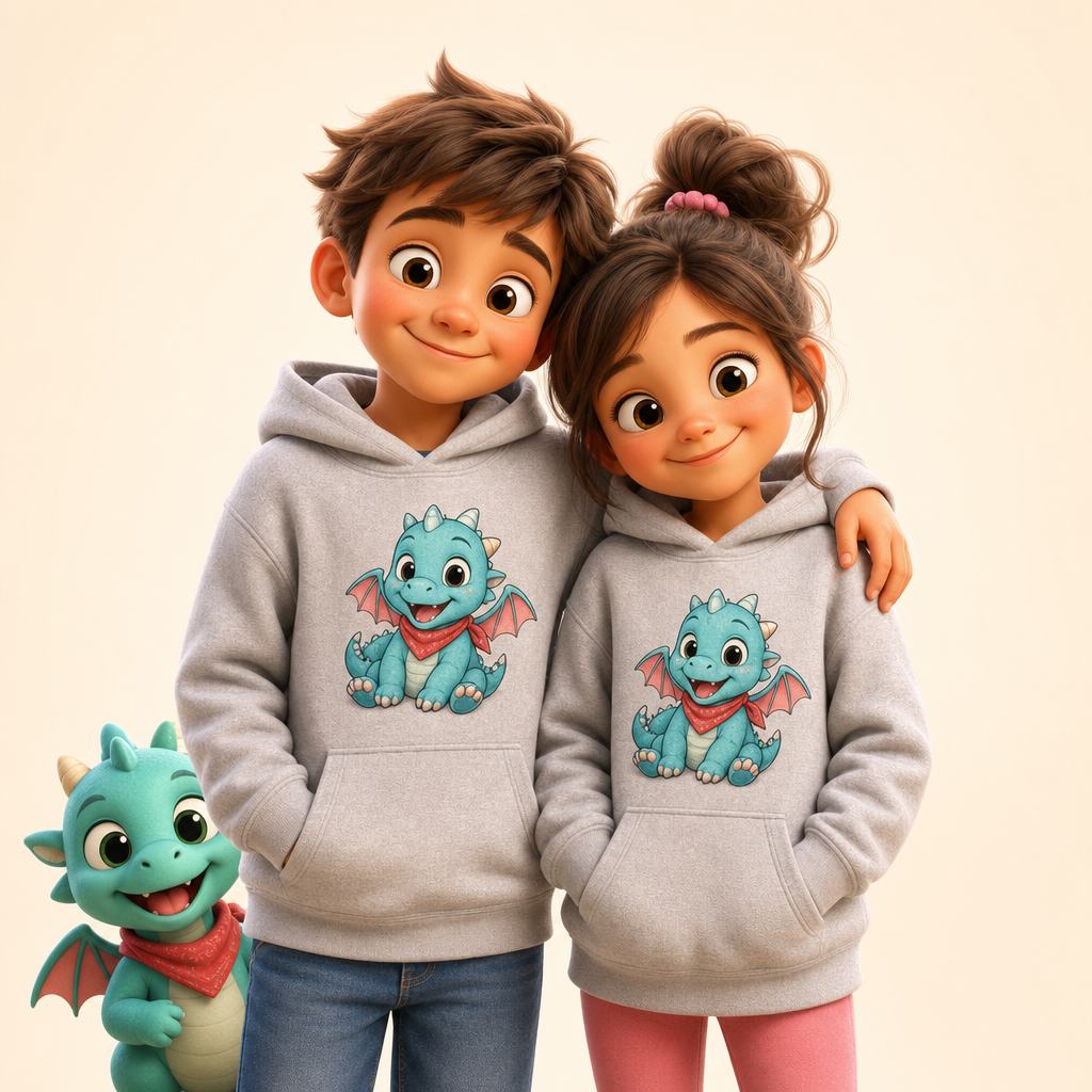 Matching hoodies for siblings with the same invented mascot