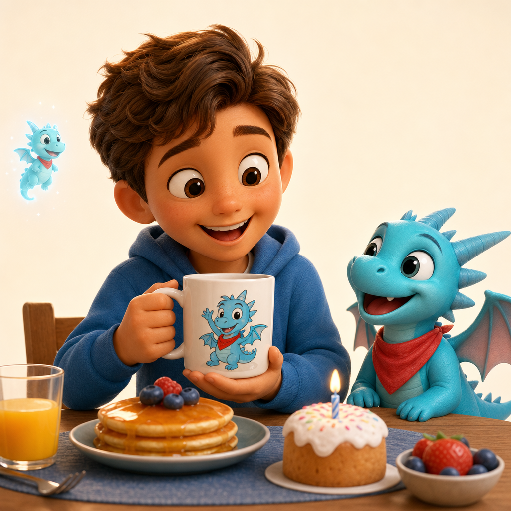 Birthday breakfast with their own dragon on the table