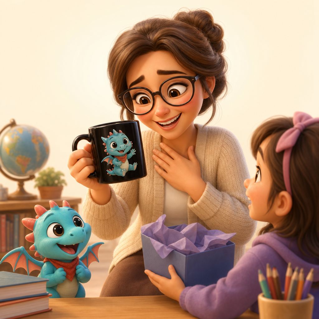 Teacher thank-you with a student-made character