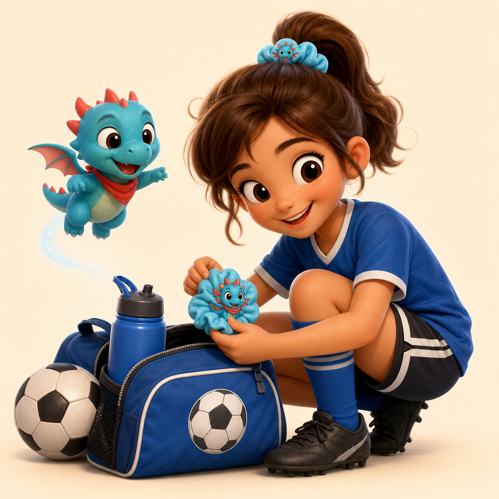 Swim or soccer practice scrunchie packed beside the water bottle