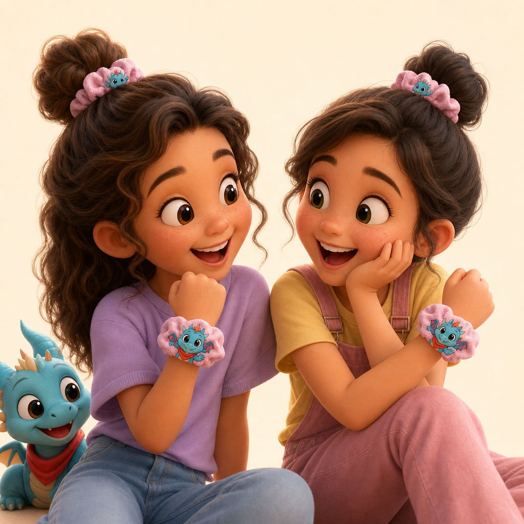 Matching cousin scrunchies with each kid's own creature