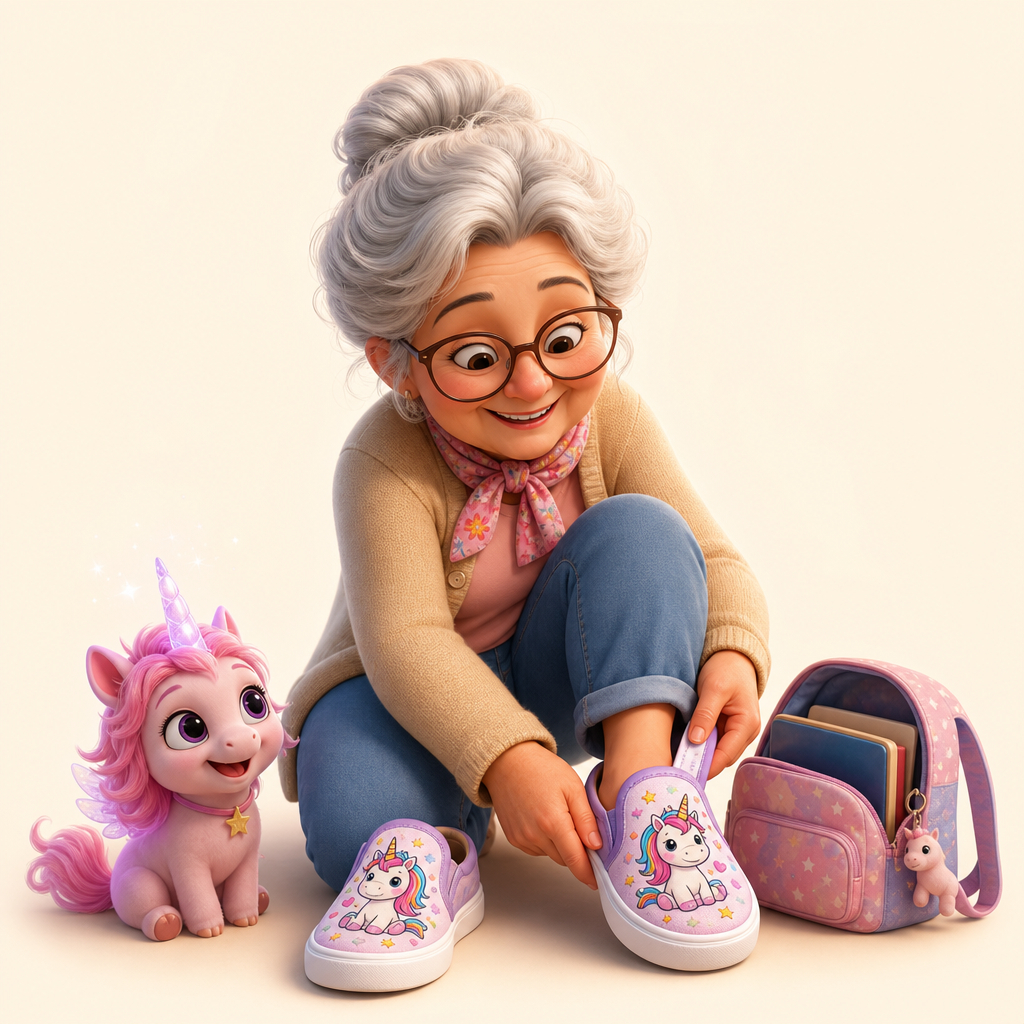 Grandma’s school-pickup pair with a tiny unicorn on each step
