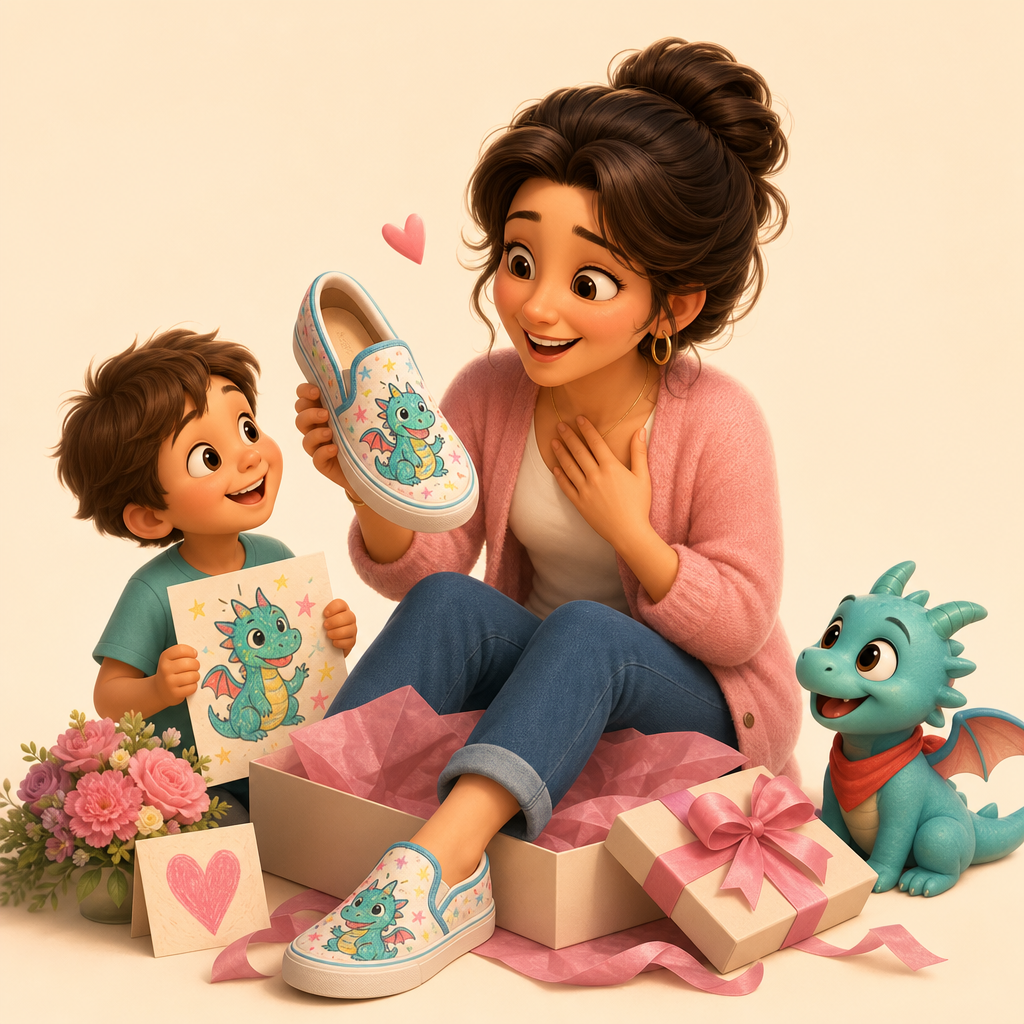 Mother’s Day shoes with her child’s dragon in the pattern