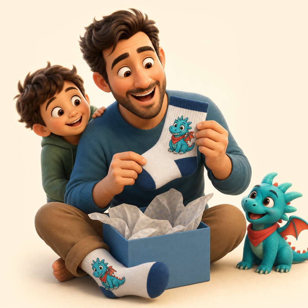 Father’s Day socks featuring the character they made together
