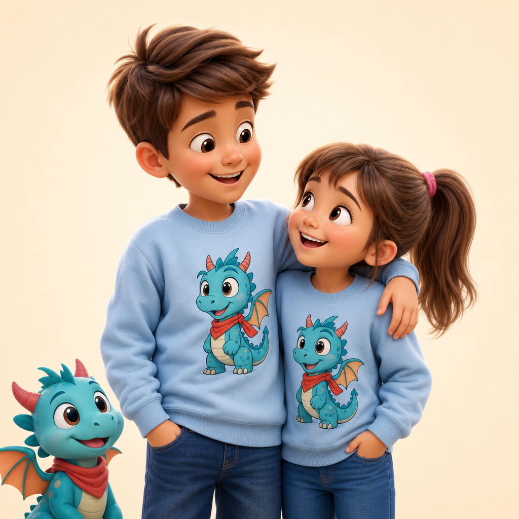 Matching sibling sweatshirts from each child's world