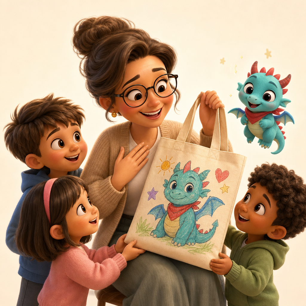 Teacher thank-you bag with a class-made Rosiverse character