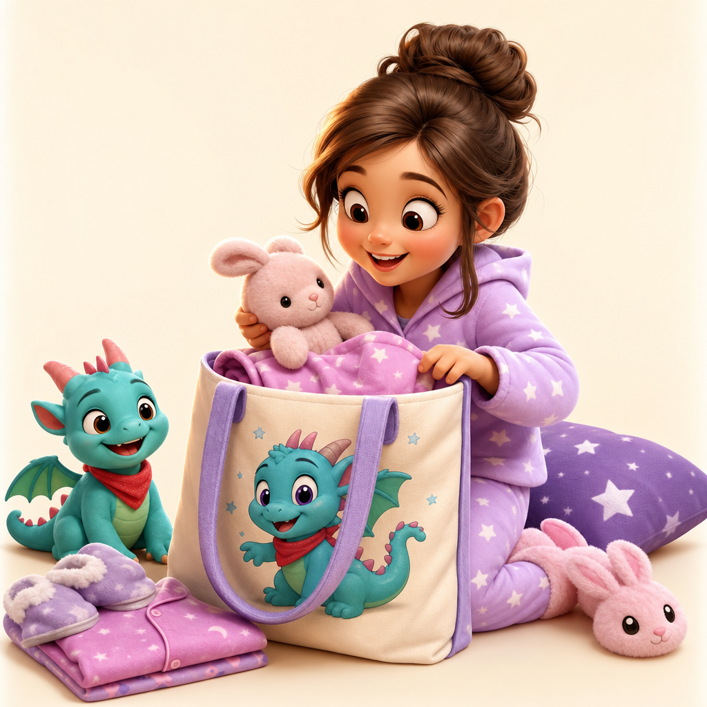 Sleepover bag for pajamas, slippers, and a favorite plush