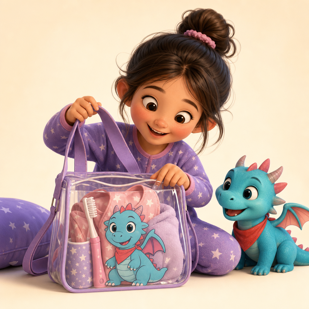 Sleepover tote for pajamas, toothbrush, and a tiny dragon