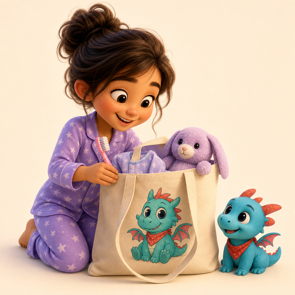 Sleepover tote for pajamas, toothbrush, and one important plush