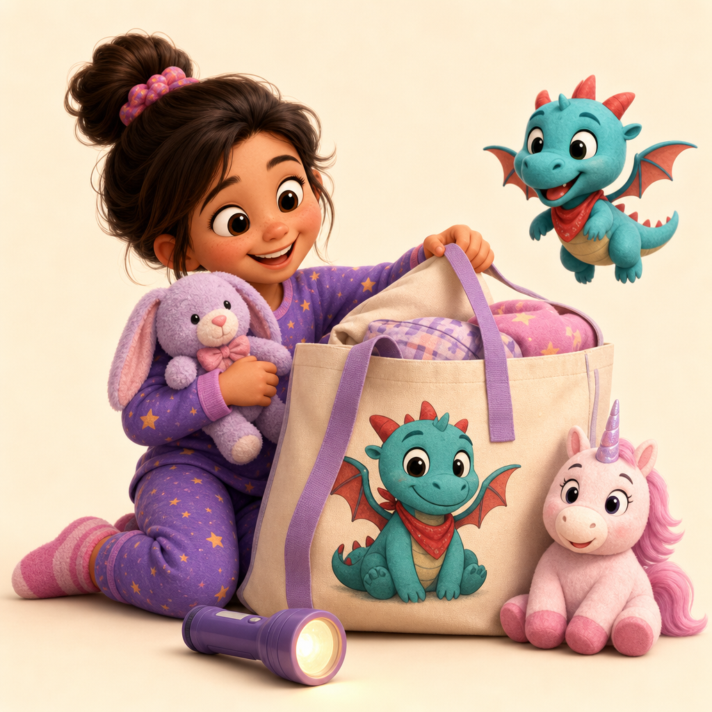 Sleepover bag for pajamas, plushies, and a flashlight