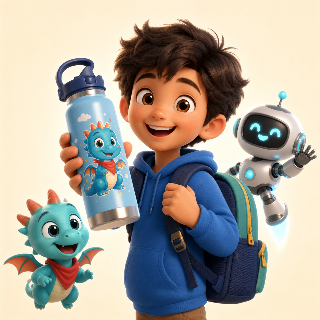 Back-to-school bottle with a character they invented